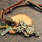 Genuine Leather Owl Necklace Brown & Gold - One Size