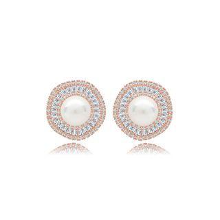 Fashion And Elegant Plated Rose Gold Geometric Round Imitation Pearl Stud Earrings With Cubic Zirconia Rose Gold - One Size