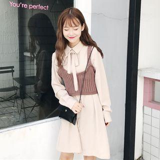 Set: Long-sleeve Shirtdress + Knit Vest