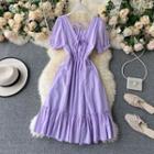 V-neck Ruffle Lace-up Strap Puff-sleeve Dress