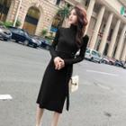 Mock Turtleneck Long-sleeve Midi A-line Knit Dress