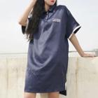 Lettering Contrast Trim Elbow Sleeve Polo Shirtdress