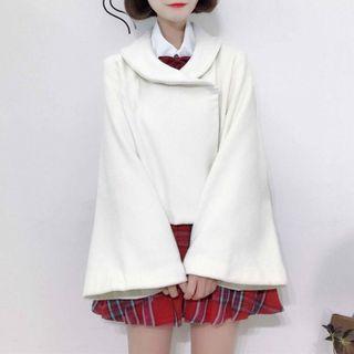 Buttoned Cape / Plain Shirt / Plaid Mini A-line Pleated Skirt