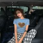 Short-sleeve Leopard Print Heart Knit Top Blue - One Size