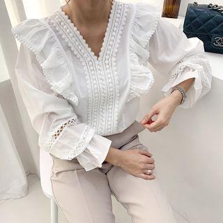 V-neck Bell-sleeve Frilled-detail Top