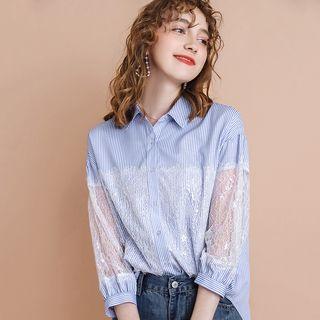 Lace Panel 3/4-sleeve Striped Blouse
