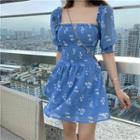 Floral Short-sleeve Dress Blue - One Size