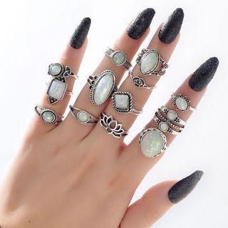 Set Of 13: Gemstone Ring + Layered Ring Set Of 13 - Silver - One Size