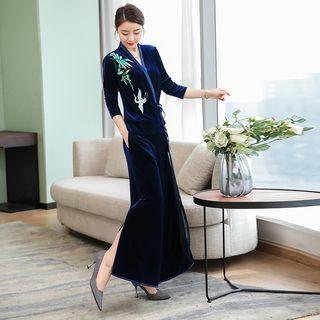 Set: Long-sleeve Embroidered Velvet Top + Wide-leg Pants