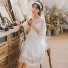 Set: Bell-sleeve Lace Dress + Plain Slipdress White - One Size