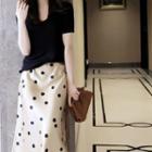 Set: Short-sleeve V-neck Plain Knit Top + High-waist Dotted Skirt