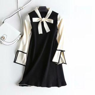 Color-block Slit-sleeve Bow-detail Knit Dress