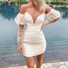 Off-shoulder Puff-sleeve Mini Sheath Mesh Dress