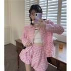 Peter Pan Collar Two-tone Check Blouse / Two-tone Check Fluffy Shorts