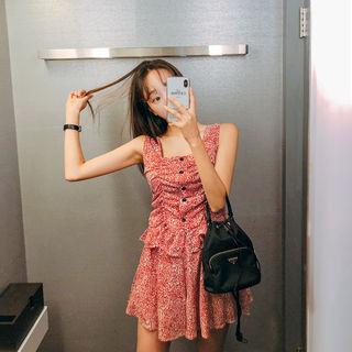 Set: Sleeveless Shirred Floral Blouse + Skort