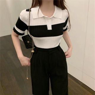 Short-sleeve Two Tone Polo Knit Top