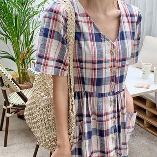V-neck Plaid Linen Long Dress Navy Blue - One Size