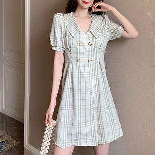 Short-sleeve Plaid A-line Dress Green - One Size