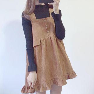 Frill Trim Mini A-line Corduroy Pinafore Dress