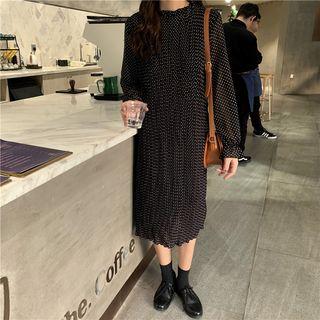 Dotted Long-sleeve Midi Chiffon Dress White Dots - Black - One Size