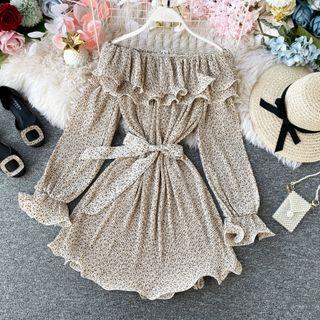 Off-shoulder Floral Print Tie-front A-line Dress