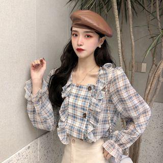 Long-sleeve Plaid Ruffled Square-neck Blouse Plaid - Blue & White - One Size