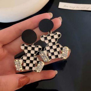 Bear Checker Rhinestone Alloy Earring 1 Pair - Black & White - One Size
