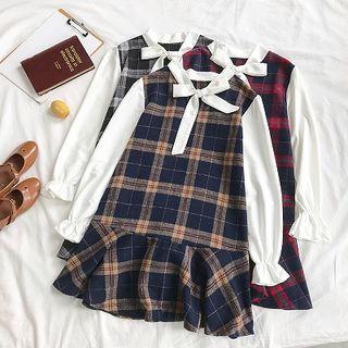 Ribbon Lace-up Plaid Panel Mock Two-piece Acrylic Long-sleeve Dress