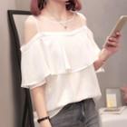 Cold-shoulder Lace Panel Elbow-sleeve Chiffon Blouse