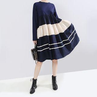 Long-sleeve Color-panel A-line Dress