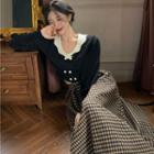 Long-sleeve Two-tone Crop Top / Houndstooth Midi A-line Skirt