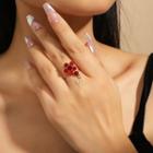 Flower Rhinestone Alloy Open Ring 1pc - Gold & Red - One Size