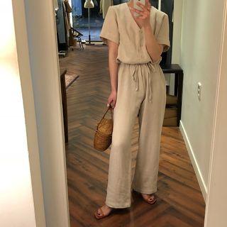 Short-sleeve Drawstring Waist Jumpsuit Light Khaki - One Size