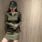 Plain Crewneck Single-breasted Slim-fit Long-sleeve Knit Dress