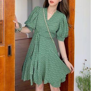 Puff-sleeve V-neck Asymmetrical Floral Dress
