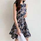 Sleeveless Floral Print Dress With Cord Navy Blue - One Size