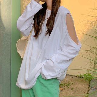 Long-sleeve Cold Shoulder Plain T-shirt