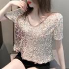 Sequined Short-sleeve Cropped T-shirt Champagne - One Size