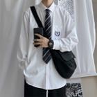 Embroidered Pocket-front Long-sleeve Shirt With Tie