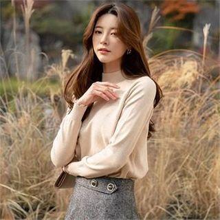 Mock-neck Scallop-edge Knit Top Beige - One Size