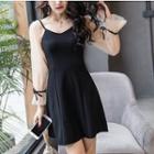 Mock Two-piece Long-sleeve Embellished Mini A-line Dress