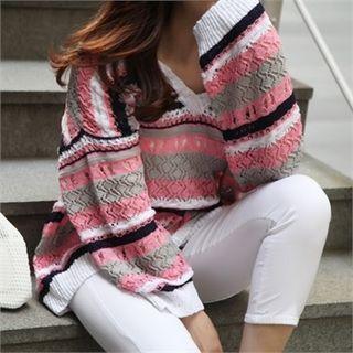 V-neck Color-block Open-knit Top