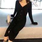 Long-sleeve Single-breasted V-neck Knit Dress