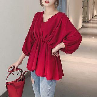 Elbow-sleeve Shirred Blouse
