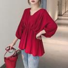 Elbow-sleeve Shirred Blouse