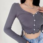 Long-sleeve Drawstring Button-up Cropped T-shirt