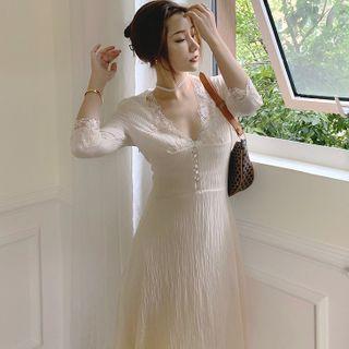 3/4-sleeve V-neck Lace Trim Midi A-line Dress