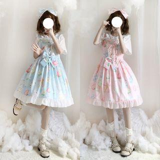 Printed Ruffle Trim Bow Accent Sleeveless A-line Dress