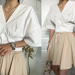 Plunge-neck Crop Blouse Ivory - One Size