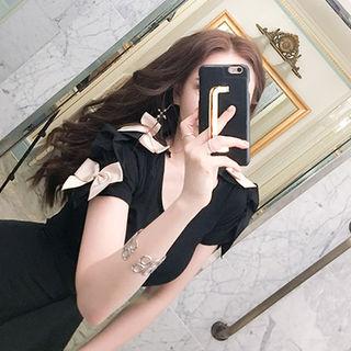 Bow-trim Frilled-sleeve Top